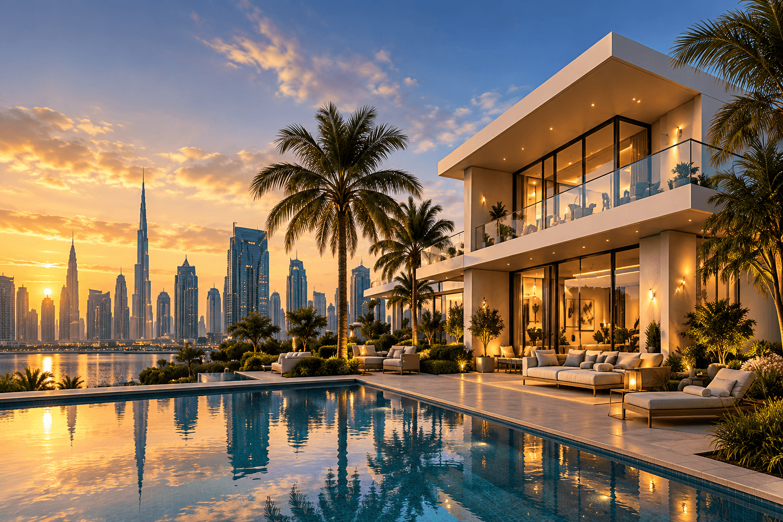 Luxury UAE villa beside a pool at sunset, with Dubai's skyline in the distance
